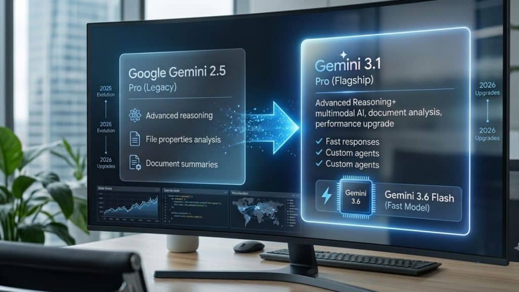 Split Screen Comparison Showing Google Gemini 2.5 Pro Interface Alongside Gemini 3.1 Pro On Laptop With Model Version Selector And Benchmark Comparison Chart